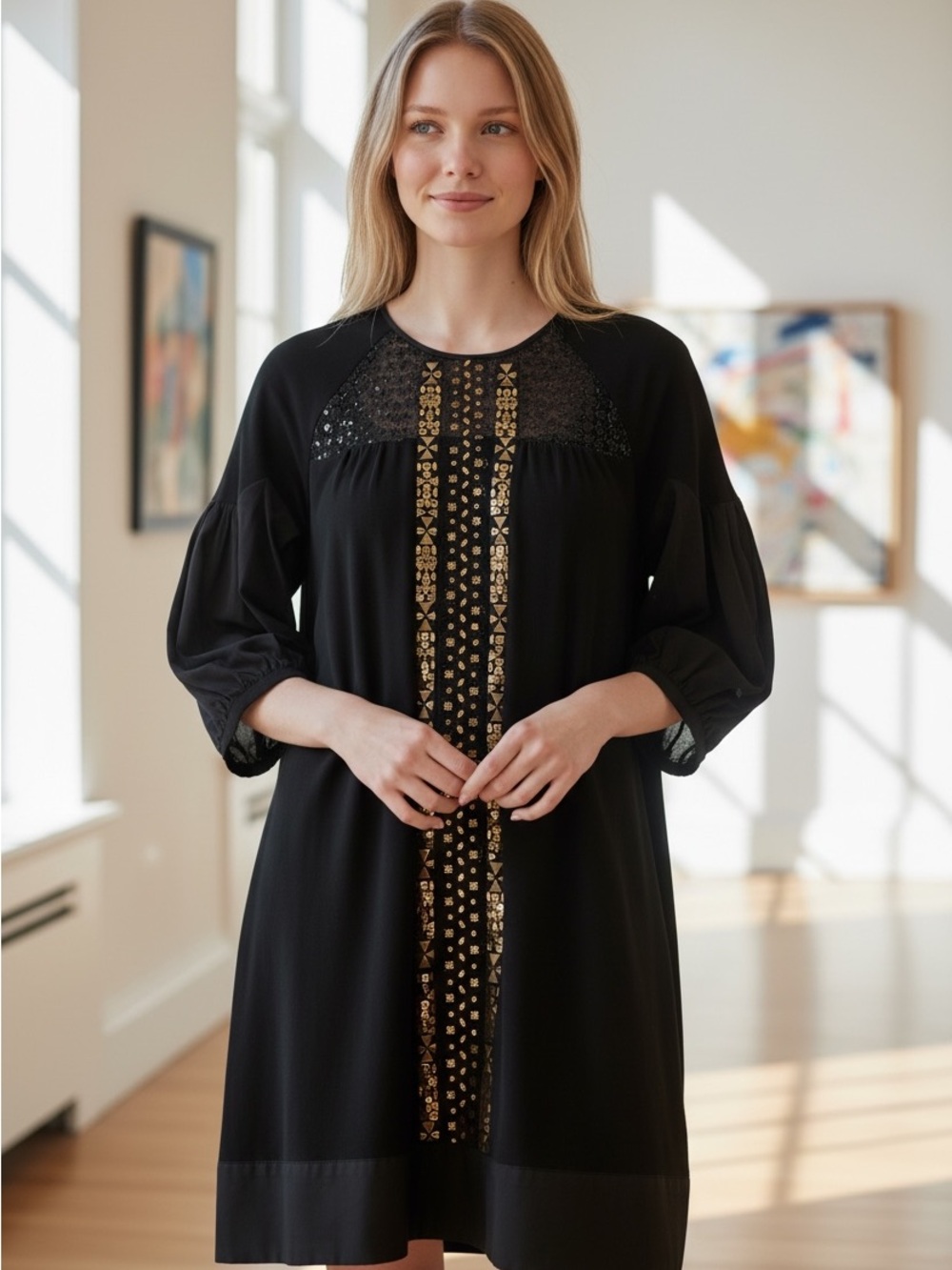 BCBGMaxAzria Black Midi Dress with Gold Embellished Front